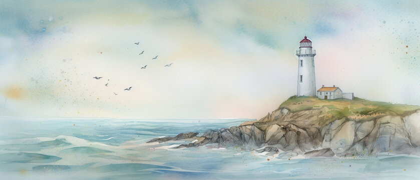 Watercolor painting of lighthouse on rocky island, calm sea, flying seagulls. Generative AI