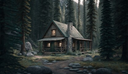 Fototapeta na wymiar Cabin in the woods cinematic, generative AI
