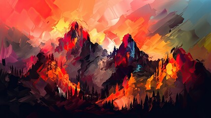 An Artistic Impression of a Majestic Mountain Landscape with Vibrant Colours and Flickering Flames. Generative AI