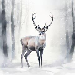 Majestic Buck Standing in a Winter Wonderland: Cervid in a Snow-Covered Forest for the Christmas Season: Generative AI
