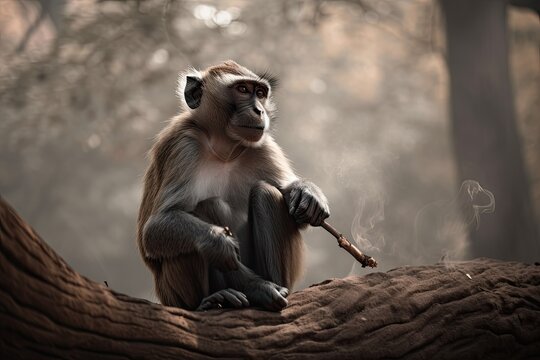 Mysterious Baby Macaque Sitting in Smoke on Tree in Wild Nature. Generative AI