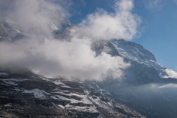 Beautiful panoramic view of snow-capped mountains in the Swiss Alps.