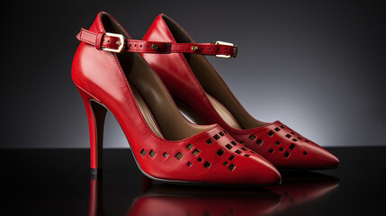 Pair of fashionable high heel leather red cut-out female shoes with golden buckles isolated