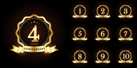 Anniversary golden luxury number emblem logo symbol vector graphic badge for a birthday, age, corporate business, wedding, certificate, year, event