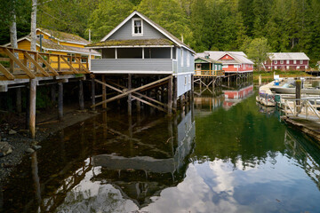 Telegraph Cove Historic Boardwalk Buildings on Pilings. The Telegraph Cove marina and accommodations built on pilings surrounding this historic location.

