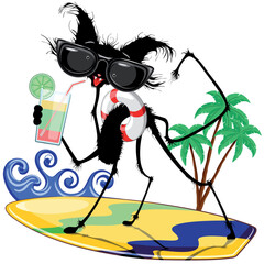 Cat Funny and Silly Character Summer Fun surfing on waves with a tropical Drink and big sunglasses vector illustration  