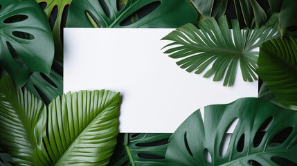 Mock up paper white card on a green leaves. Generative Ai