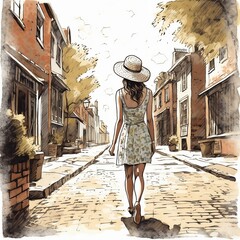 modern woman walks down main street in a small southern town, generative ai, ai, generative