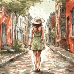 modern woman exploring the cobblestone streets of Savannah, Georgia, generative AI, AI, generative