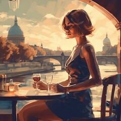 modern woman enjoying the cafe overlooking the Seine, generative ai, ai, generative