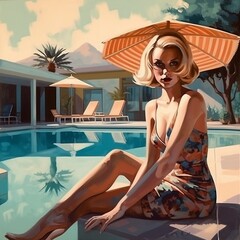 Modern woman lounging by the poolside in Palm Springs, generative AI, ai, generative