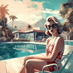 Modern woman lounging next to the pool in Palm Springs, generative ai, ai, generative