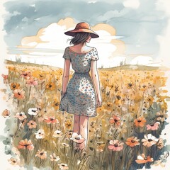Modern woman walking through a field of daisies, generative ai, ai, generative
