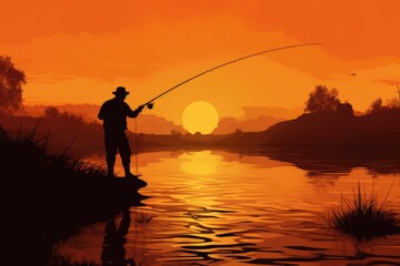 Silhouette of a fisherman fishing at sunset near the river. Generative ai.