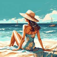 Modern woman sunbathing on the beach in a sun hat, generative AI, generative, AI