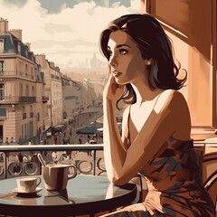 Modern woman enjoying coffee at a Parisian Cafe, Generative AI, AI, Generative