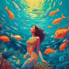 Mermaid swimming within a school of fish, generative AI