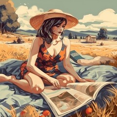 Modern woman reading the newspaper during a picnic, Generative AI, AI, Generative