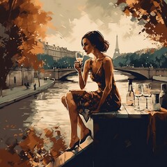 Modern woman enjoying a glass of wine over the Seine, Generative AI, Generative, AI