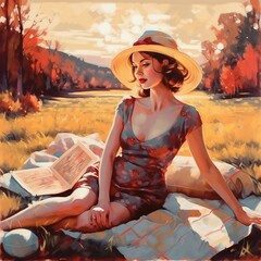 Modern woman enjoying a fall picnic, generative ai, generative, ai