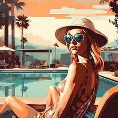Modern woman relaxing poolside in a sun hat and sunglasses, generative AI, generative, AI