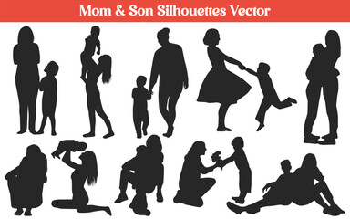 Mom And son or Son and Mom silhouettes vector collection