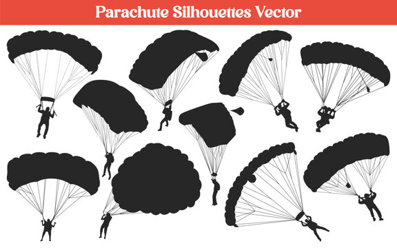 Parachute or skydiving paragliding silhouettes vector collection