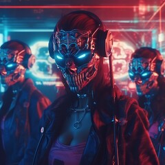Girls with Skull Masks in the Future Cyberpunk Club