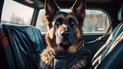 German Shepherd sitting on a Car Seat