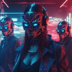 Girls with Skull Masks in the Future Cyberpunk Club