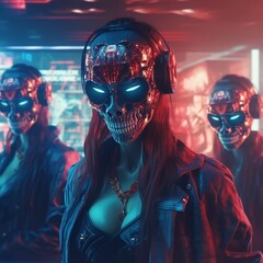 Girls with Skull Masks in the Future Cyberpunk Club