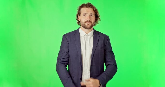 Business man, pointing and confused face by green screen for decision, options and ideas by background. Businessman, choice and point hands with thinking in studio mock up with chroma key backdrop