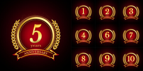 Anniversary golden luxury number emblem logo symbol vector graphic badge for a birthday, age, corporate business, wedding, certificate, year, event