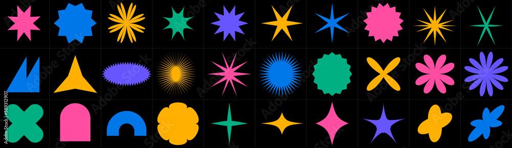 Poster geometric figures in the style of brutalism. trendy geometry. crowns and stars and daisy flowers. se