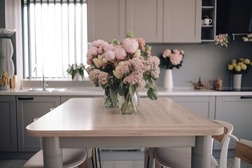 Luxury Home Decor - Minimalist Modern Kitchen with a Bouquet of Flowers on Wooden Table. Generative AI