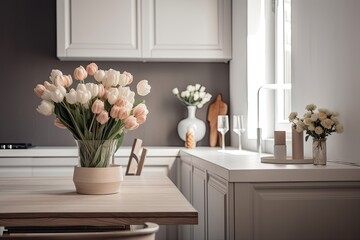 Luxury Modern Kitchen: Bouquet of Flowers on a Wooden Table for Home Decor, Generative AI