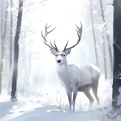 Majestic White Buck amidst Snowy Winter Forest: A Reindeer Illustration for Nature Lovers. Generative AI