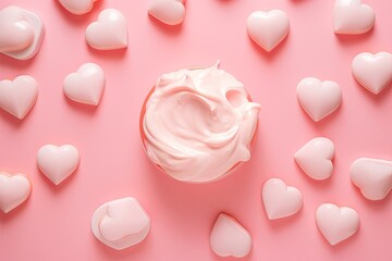 Smear Natural Moisturiser and Lotion on Glowing Skin - Top View of Hearts from Cream in a Pink Background: Generative AI