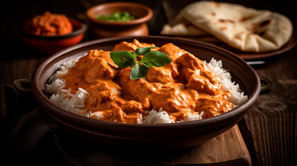 Chicken tikka masala spicy curry meat food in a clay plate with rice and naan bread on wooden background. Generative AI - obrazy, fototapety, plakaty