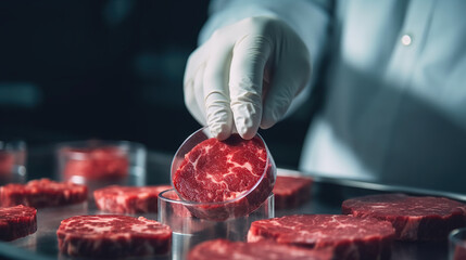 Lab grown meat concept, meat in petri dish. Generative Ai