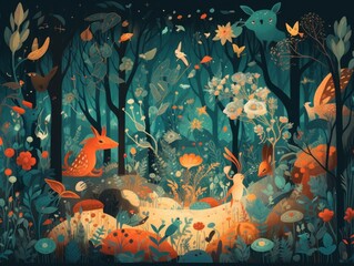 A playful and enchanting illustration of a magical forest