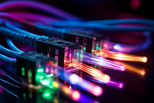 Fiber optic cable for internet LAN connection and data transfer in network. Concept of internet of things, cloud servers and advanced technology