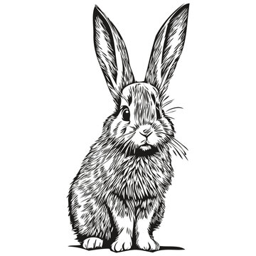 Rabbit small animal cute fluffy realistic, vector black and white, hare