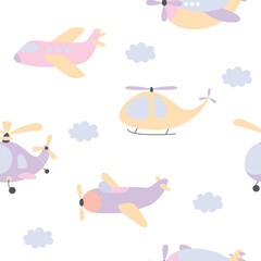 Seamless pattern for boy with cartoon kids airplane and helicopter. Nursery wallpaper with fly planes and clouds. Air transport vector print. Vehicles for transportation in sky, adventure © Vlada