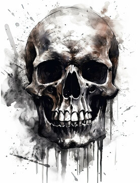 Skull Design, Watercolor Illustration of Graphic design, logo design, T Shirts and more. Generative AI