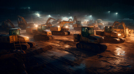 Fototapeta na wymiar Many excavators work on construction site with night lights. Generative AI