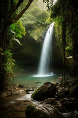 The magnificent waterfall cascades down from the steep cliffs and plunges into a crystal-clear pool below. Generative Ai