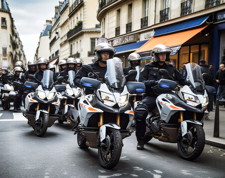 Anti-Riot Police Motorcycle Patrols in Paris - generative ai