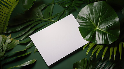 Fototapeta na wymiar Mock up paper white card on a green leaves. Generative Ai