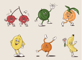 Vector illustration set of groovy fruits. Jumping and walking banana, watermelon, orange, peach, lemon, cherry with funny comic expressions. wiht gloved hands